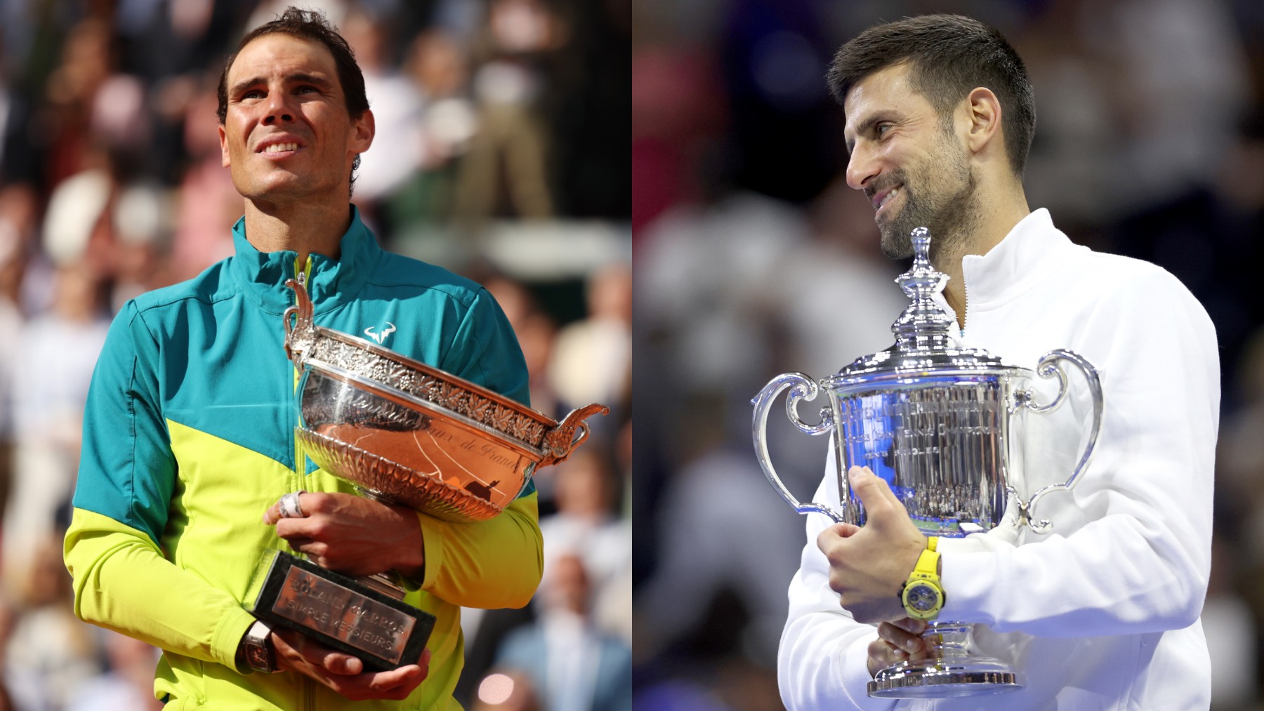 Rafa Nadal y Novak Djokovic, con sus últimos títulos de Grand Slam. (Getty)