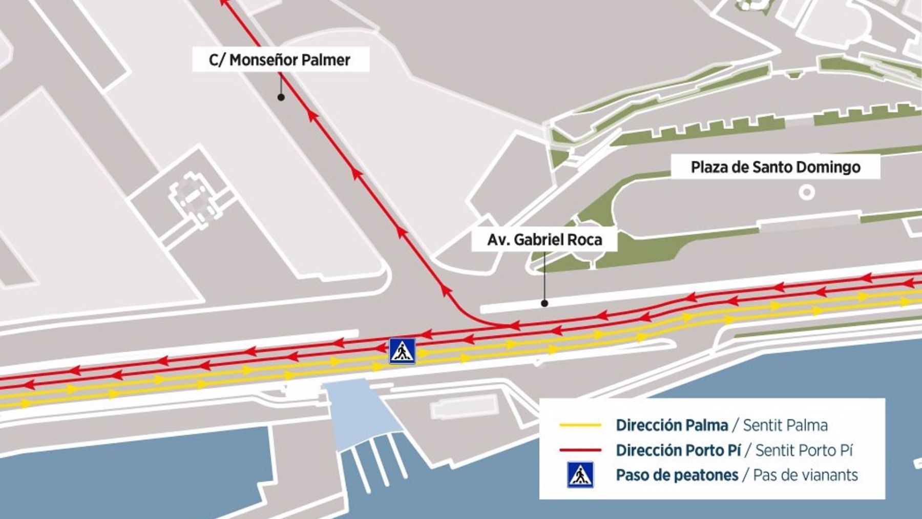 Plano del entorno de calle Monseñor Palmer y avenida Gabriel Roca, en la que se visualiza la reordenación del tráfico con las diferentes actuaciones a realizar