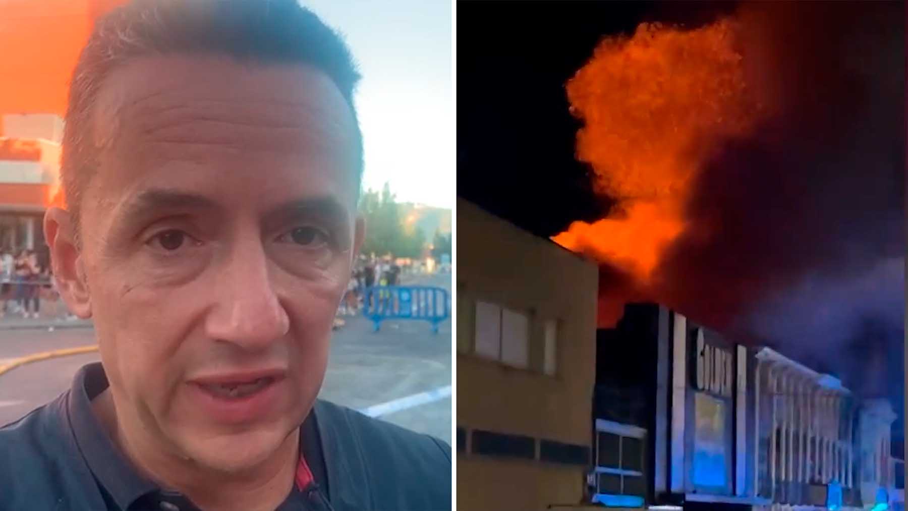 Luis Seral, portavoz de la Policía de Murcia, junto a una imagen del dramático incendio de la discoteca.
