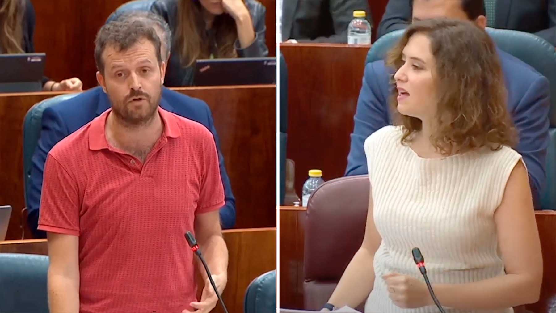 El diputado de Más Madrid Pablo Padilla y la presidenta madrileña, Isabel Díaz Ayuso.