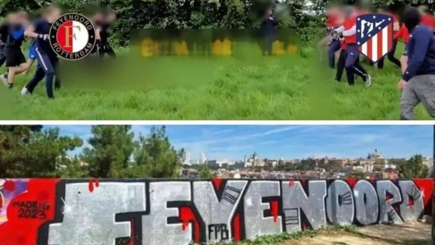 Los ultras de Feyenoord y Atlético de Madrid durante la pelea y sus pintadas.