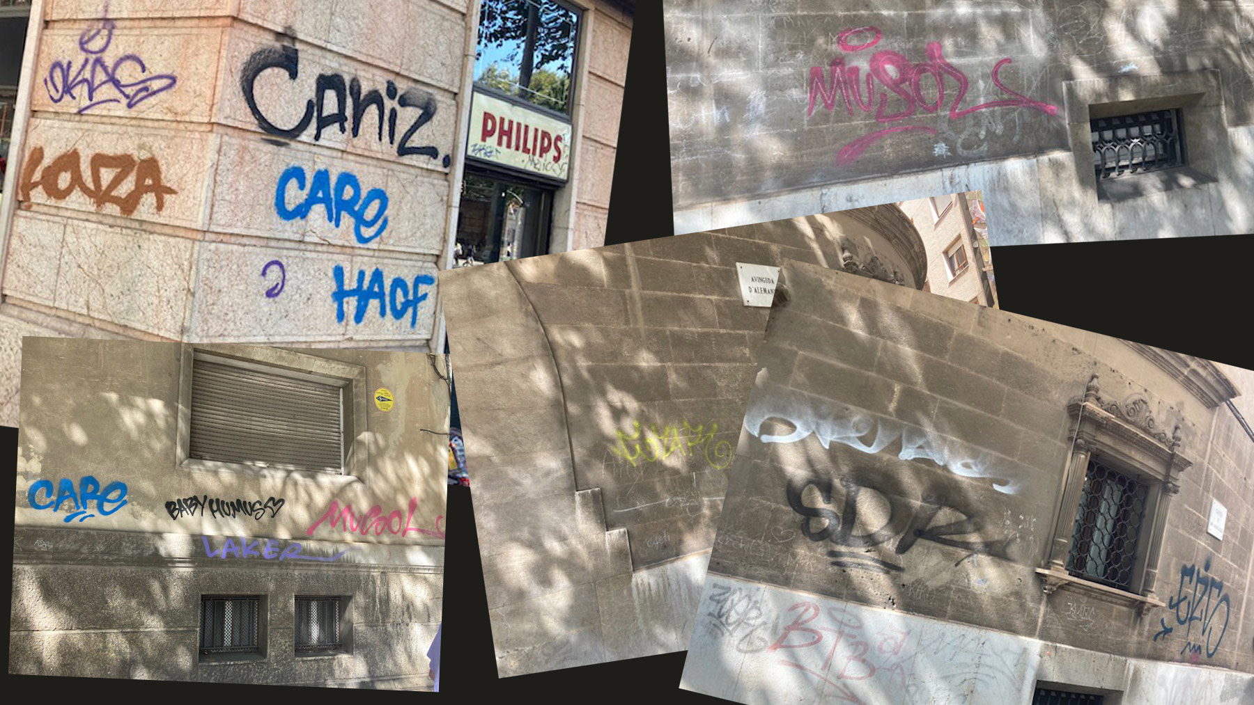 Los edificios históricos de Vía Alemania, tomados por las pintadas vandálicas.