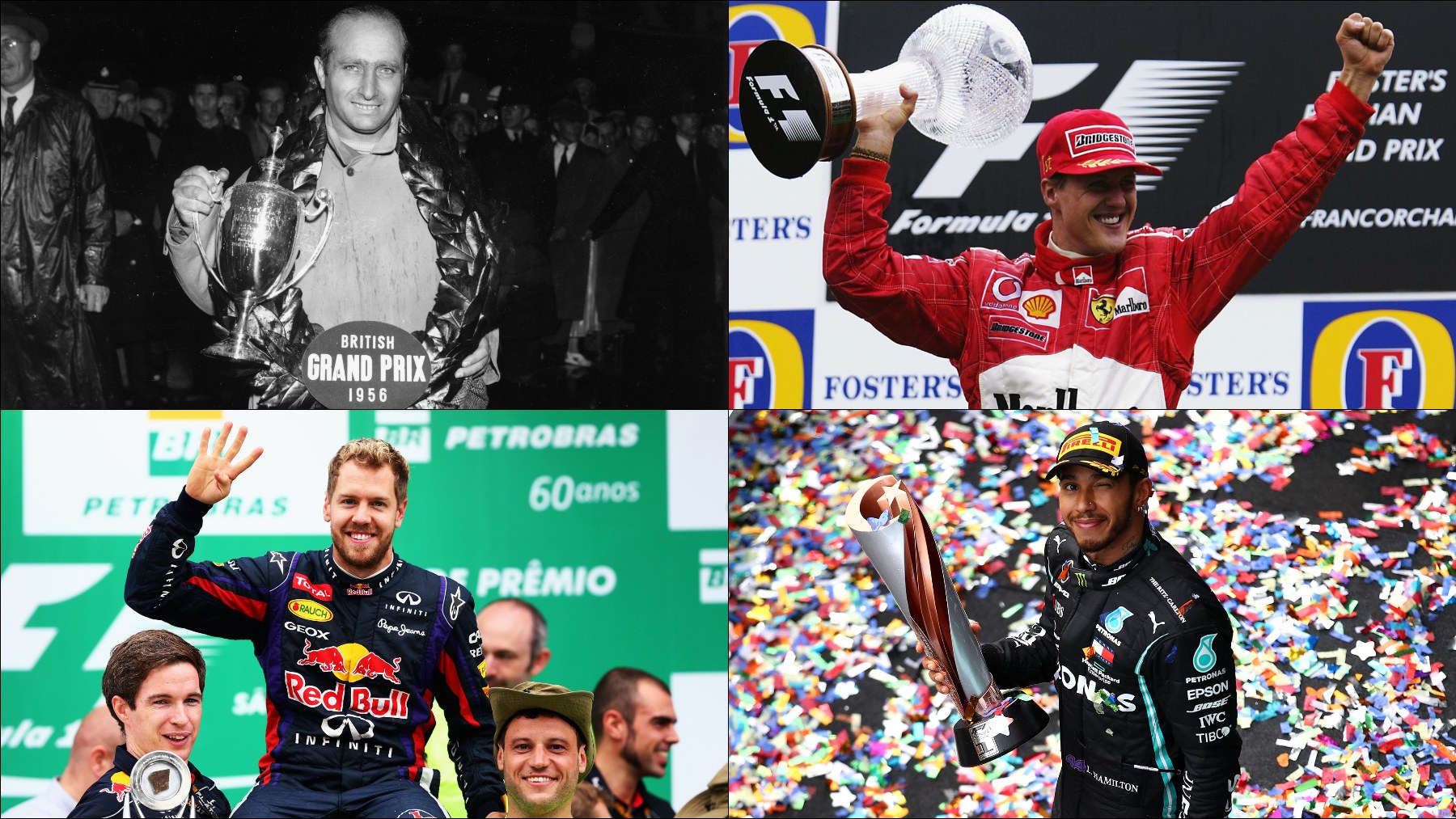 Juan Manuel Fangio, Michael Schumacher, Sebastian Vettel y Lewis Hamilton, historia de la Fórmula 1. (Getty)