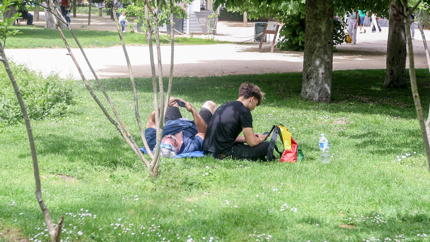 Varias personas descansando en un parque.
