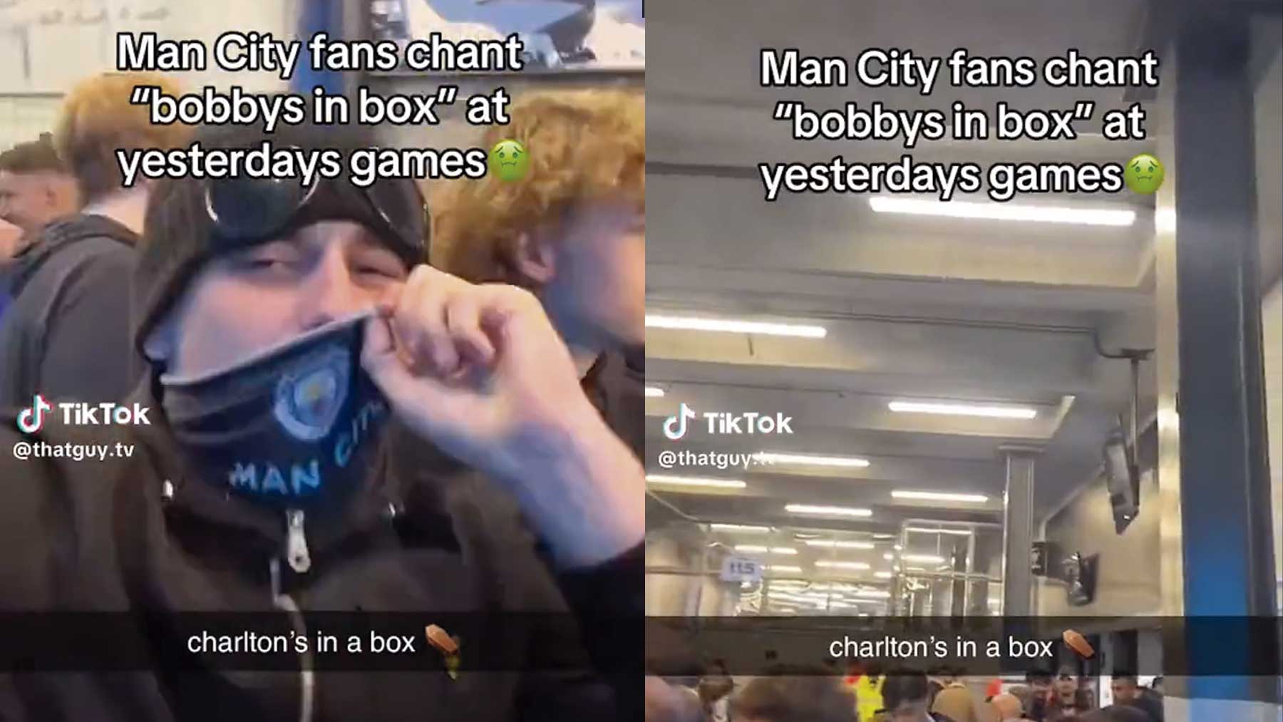 Aficionados del Manchester city cantan contra Bobby Charlton.