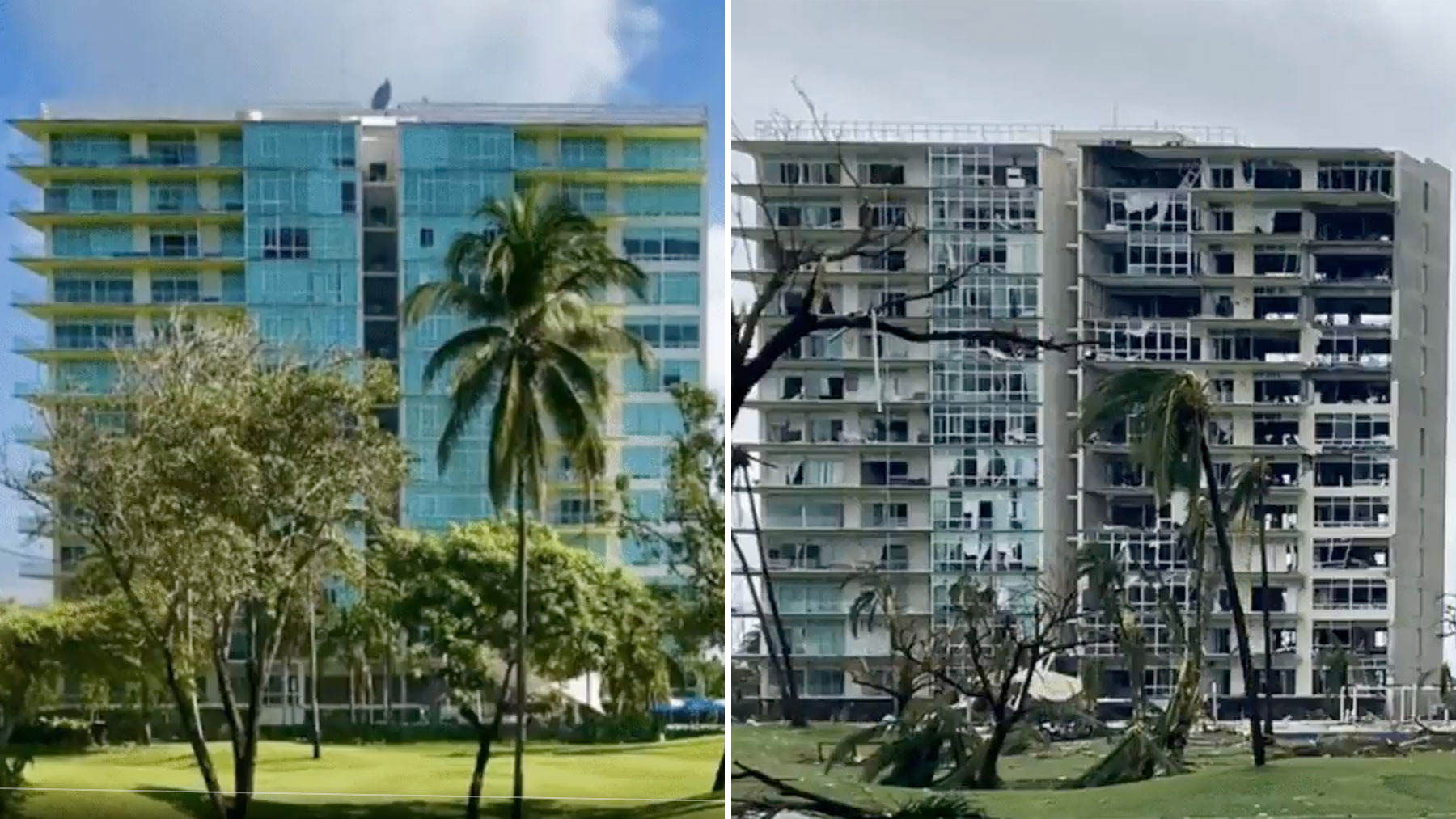 Un edificio de Acapulco antes y después del paso de Otis.
