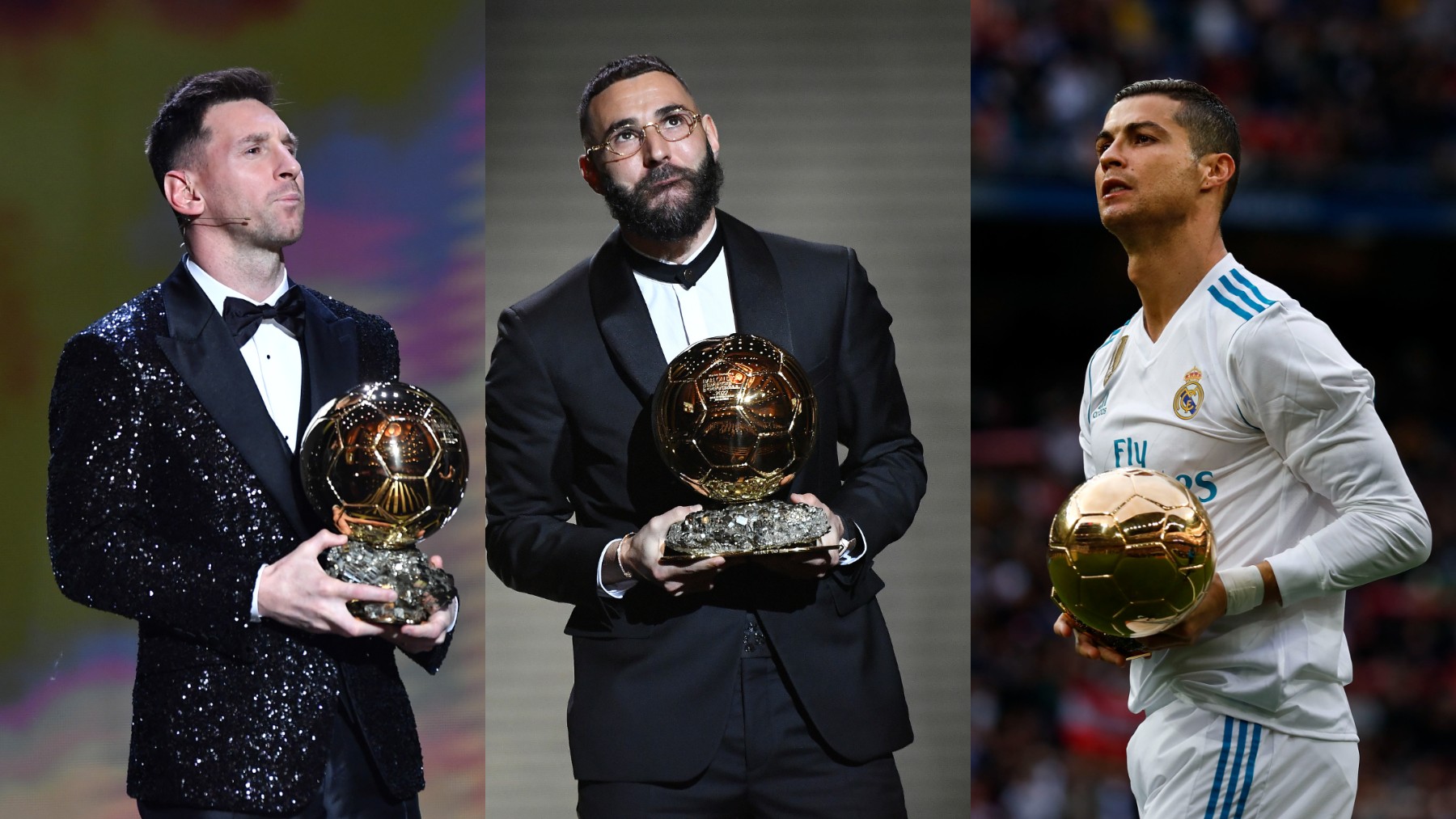 Messi, Benzema y Ronaldo, tres de los últimos ganadores del Balón de Oro. (Getty)