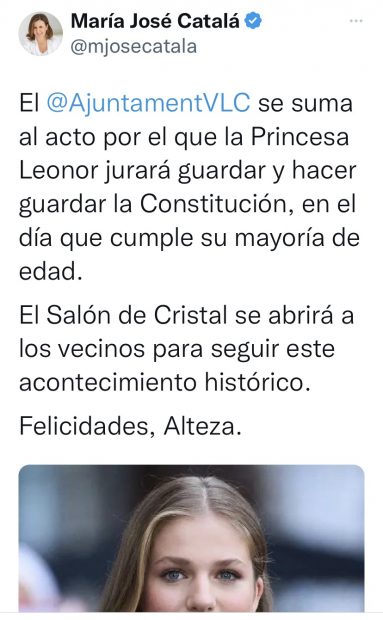 La alcaldesa de Valencia garantiza que su Ayuntamiento «seguirá leal a la Corona y a la Constitución»
