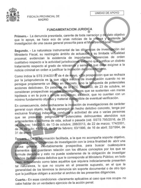 Escrito de Fiscalía sobre el decreto de archivo a la denuncia contra Francina Armengol.