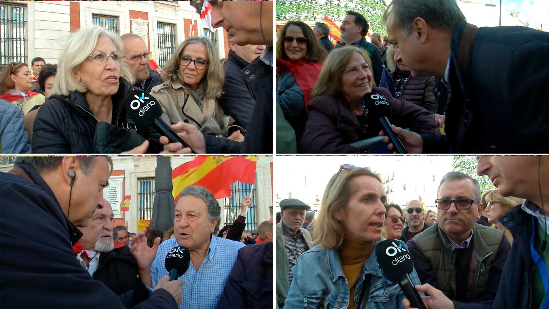 Manifestantes contra la amnistía de Sánchez expresando su indignación ante las cámaras de OKDIARIO, este domingo, en Madrid.