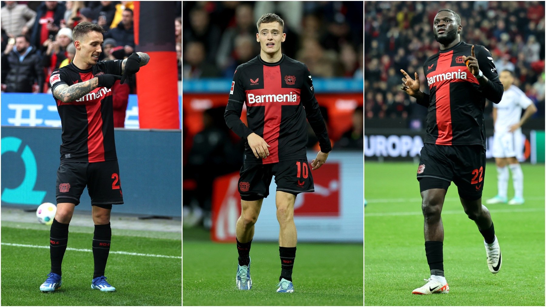 Álex Grimaldo, Florian Wirtz y Boniface, estrellas del Bayer Leverkusen. (Getty)