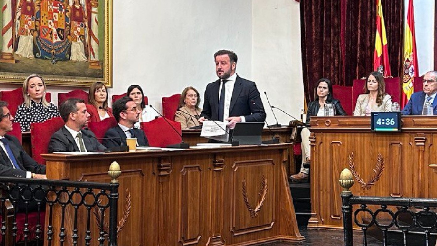 El alcalde de Elche, Pablo Ruz, de pie, durante su intervención en el Pleno de este martes.