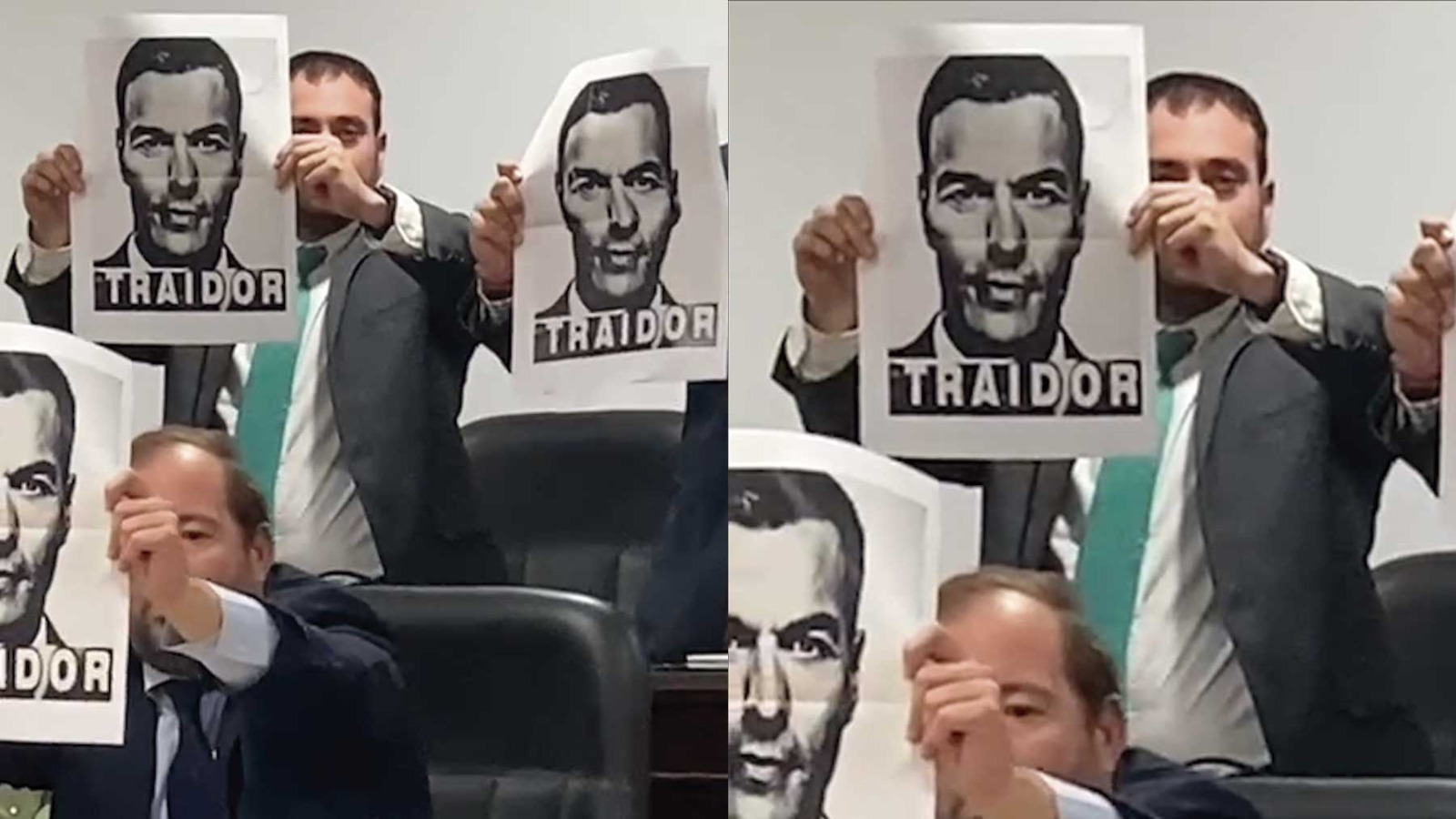 Concejales de Vox con carteles de «Sánchez traidor» en el pleno del Ayuntamiento de San Juan de Aznalfarache.