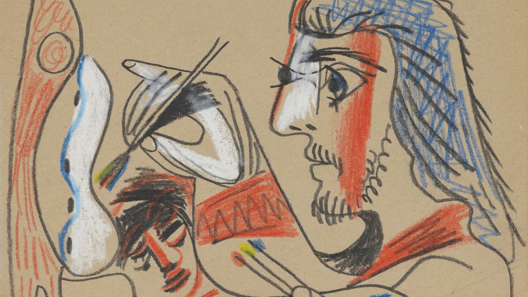 Detalle de Le peintre et son modèle, Ceras y lápices de colores y carboncillo sobre cartón, Pablo Picasso, 1970-min