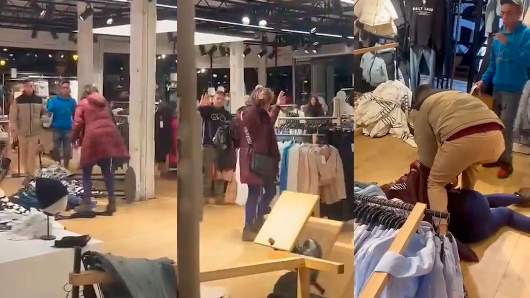 Mujer destroza una tienda de ropa.