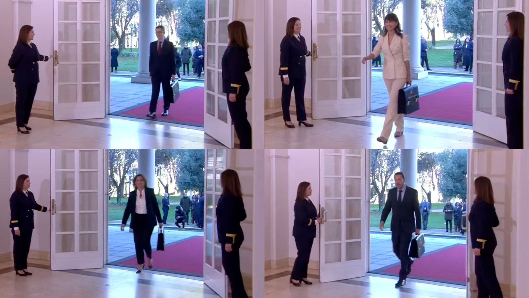 Las dos ujieres de Moncloa abriendo las puertas a los ministros.