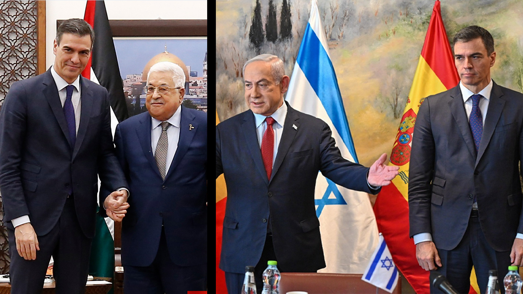 La expresión facial de Sánchez: feliz con Abbas, cariacontecido con Netanyahu (Fotos: EFE).