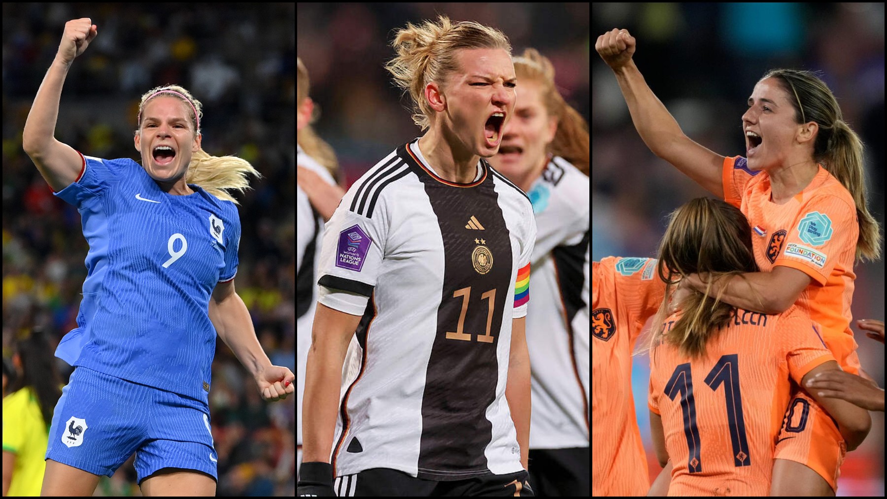 Jugadoras de Francia, Alemania y Holanda, celebrando goles. (Getty/DFB/KNVB)