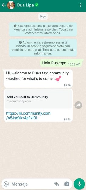 Captura de Whatsapp del número de Dua Lipa.