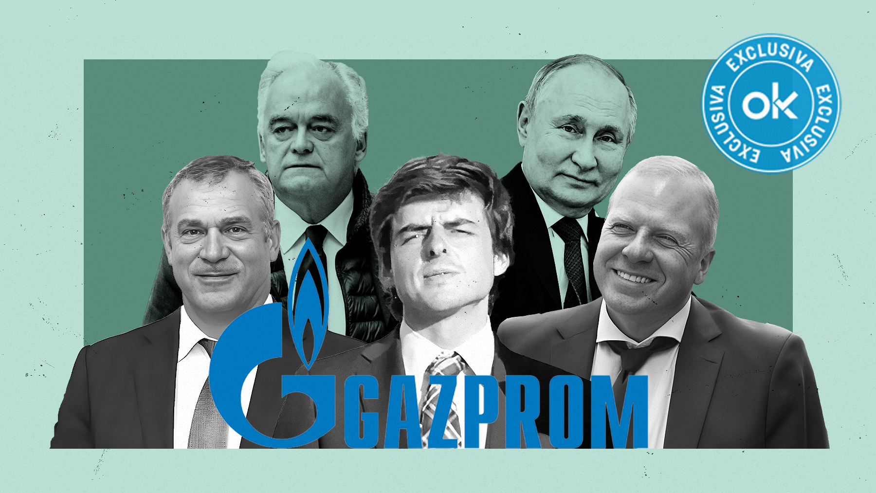 El hijo de González Pons (en el centro), entre Sergey Tumanov y Andrey Nikonov, dos altos directivos de Gazprom que comandan la filial española. Tras ellos, Putin y el político del PP.