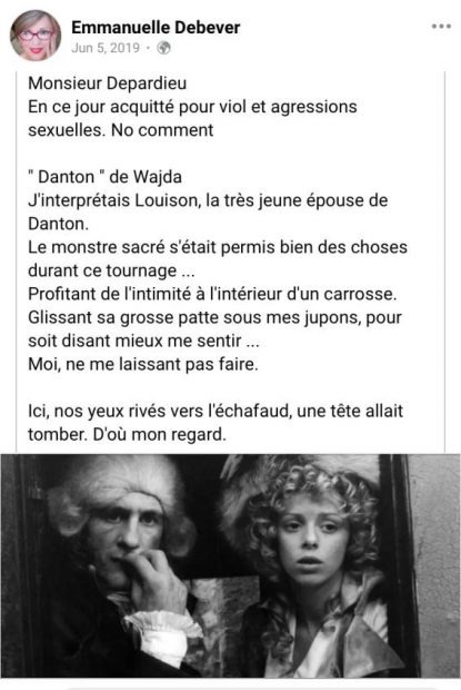 Emmanuelle Debever acusó a Gérard Depardieu de haberle "manoseado" durante el rodaje de la película Danton, en 1982