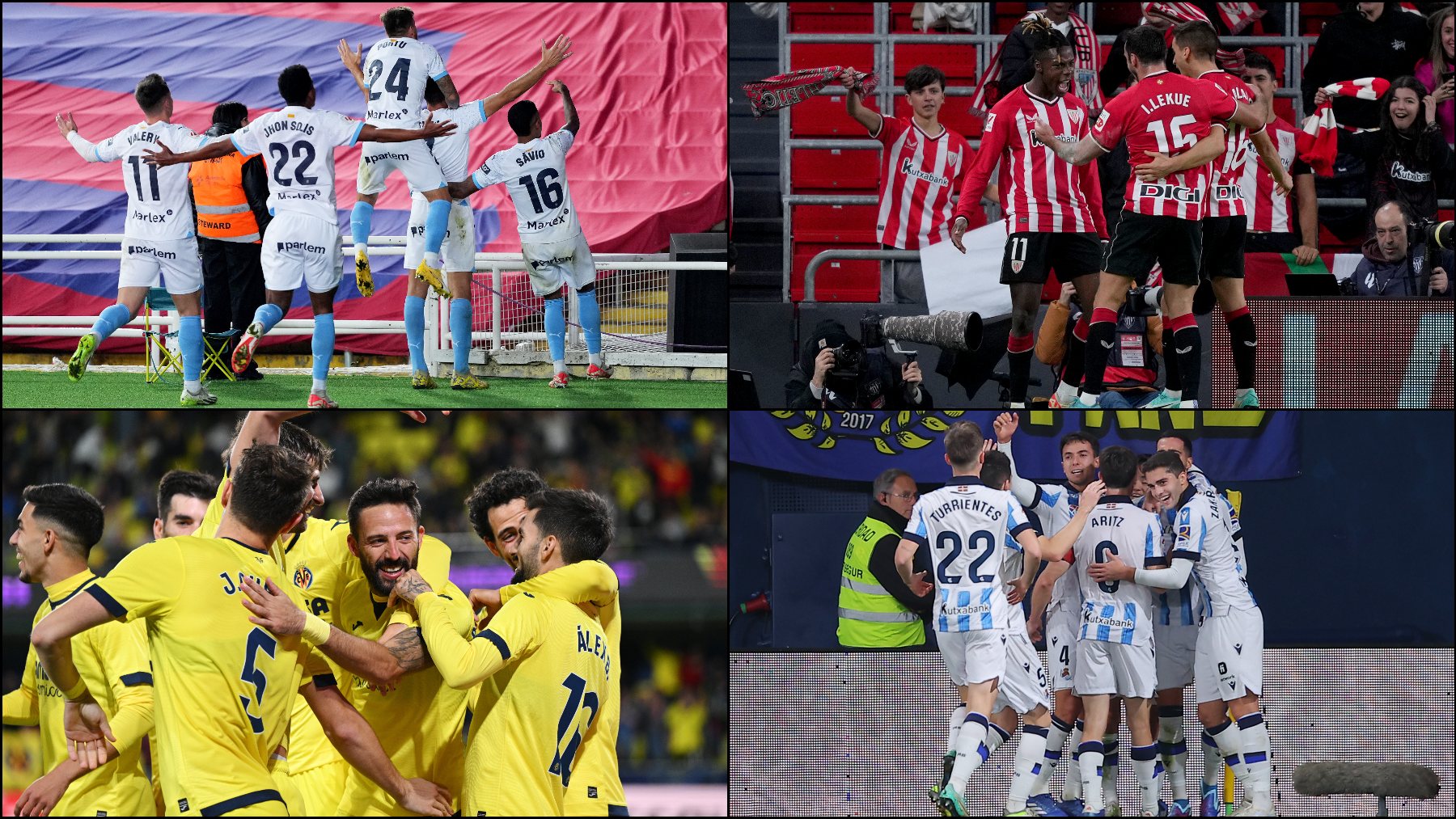 Girona, Athletic Club, Villarreal y Real Sociedad celebran un gol. (Getty)