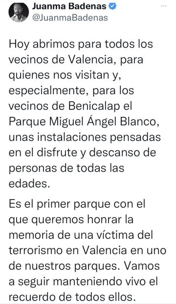 El Ayuntamiento de Valencia abre el jardín dedicado a Miguel Ángel Blanco, asesinado por ETA