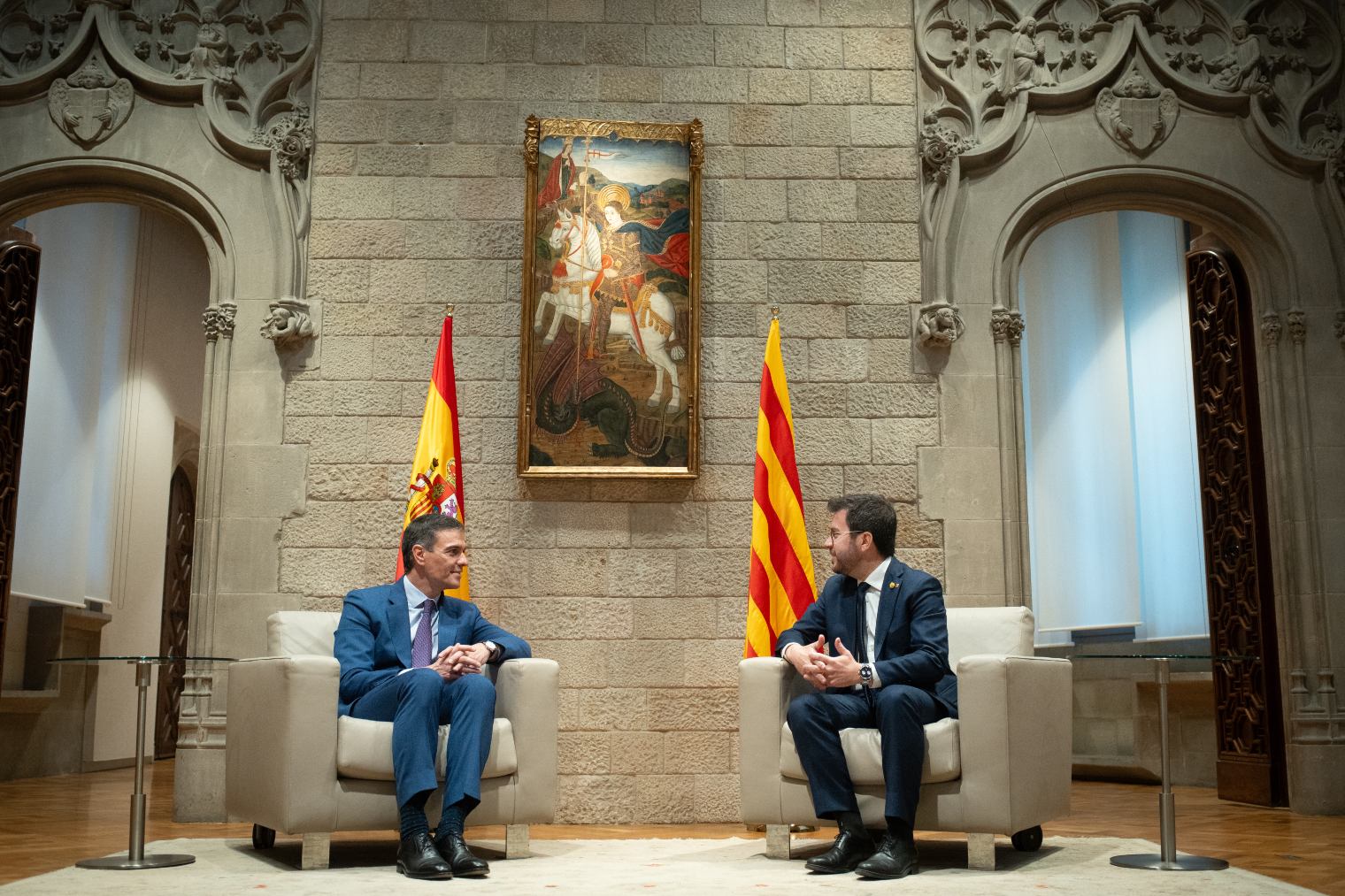 Pedro Sánchez y Pere Aragonés, en el Palau de la Generalitat.