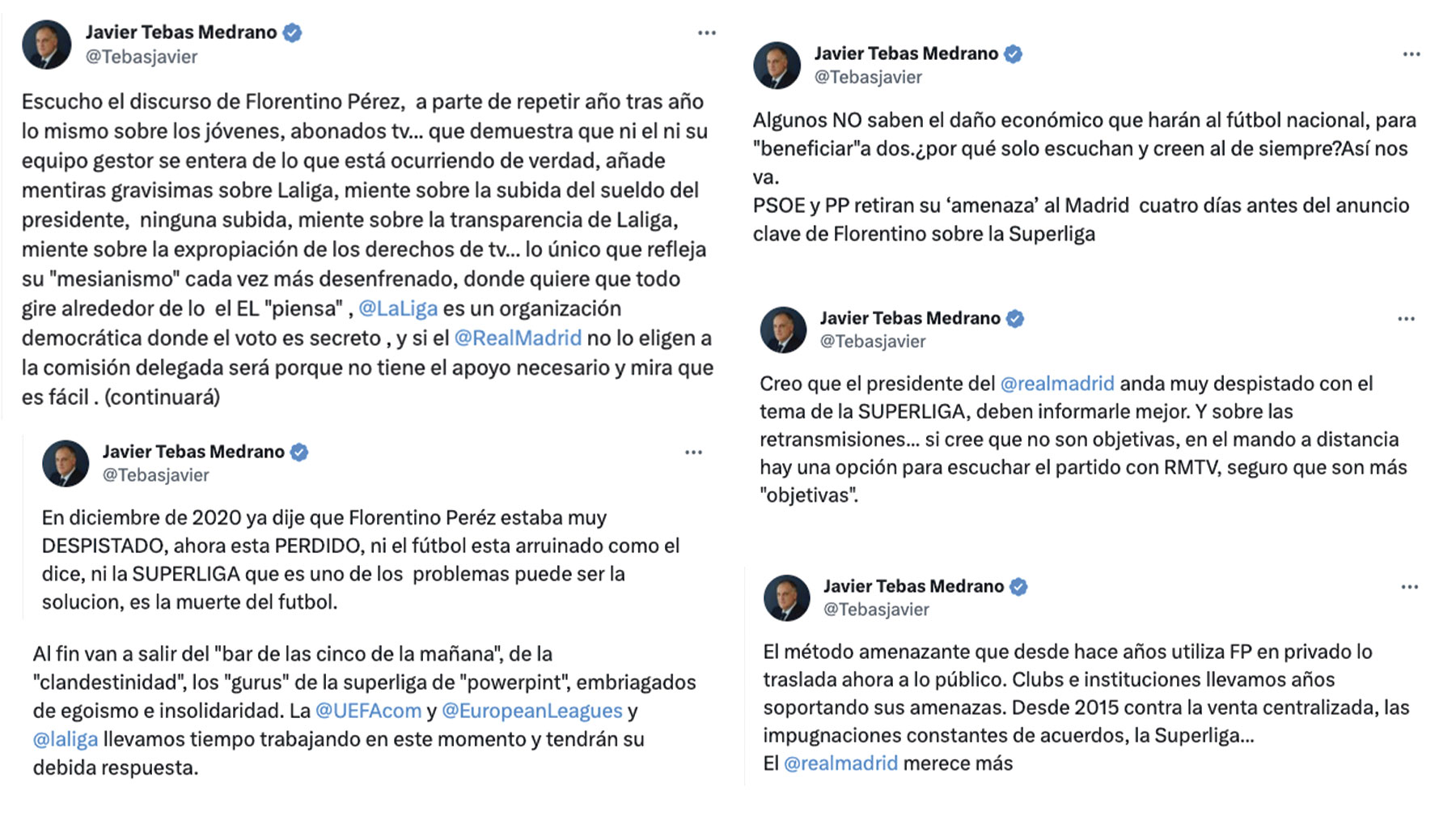 Javier Tebas arremetiendo contra la Superliga en sus redes sociales.
