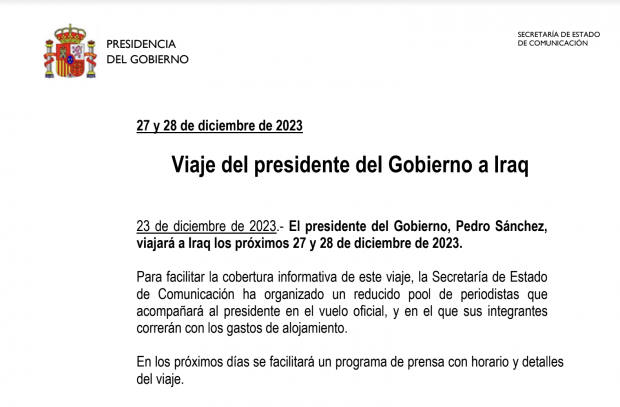 Nota de prensa que Moncloa ha enviado tras seleccionar a los periodistas que irán junto a Sánchez a Irak.