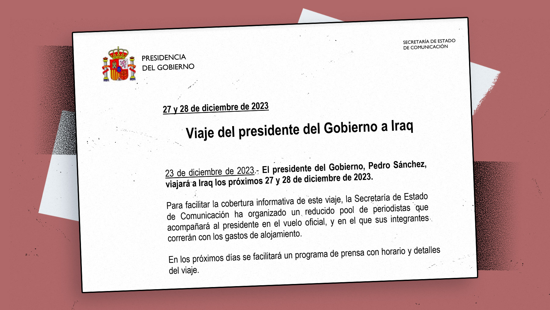 Nota de prensa que Moncloa ha enviado tras haber seleccionado previamente a los periodistas que irán junto a Sánchez a Irak.