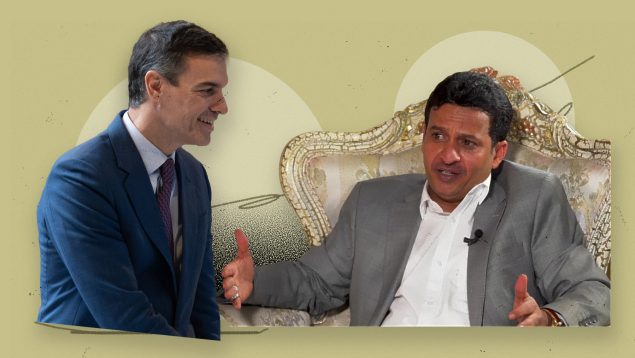 Pedro Sánchez y el viceministro hutí Hussein al-Ezzi.