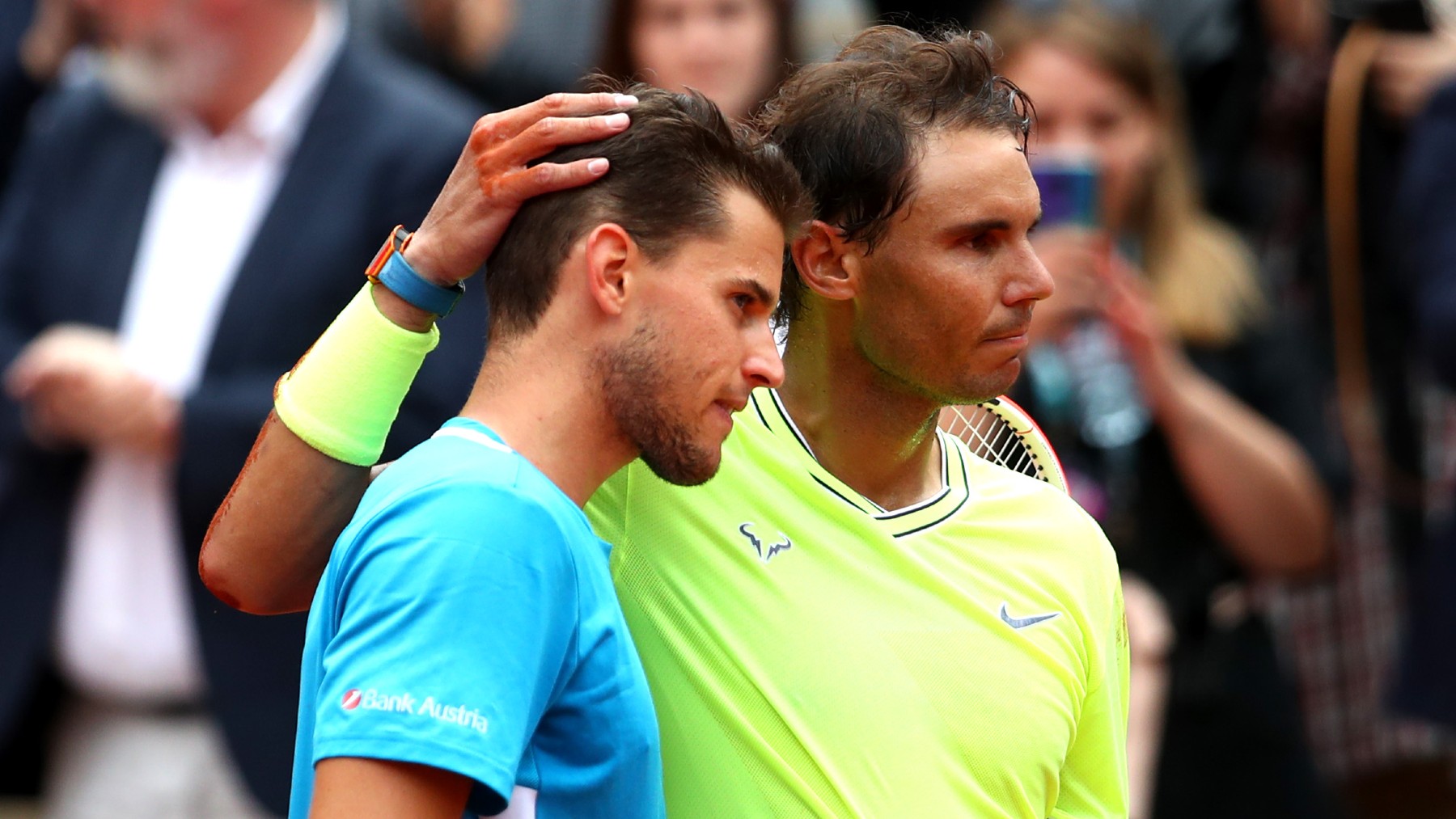 Rafa Nadal y Dominic Thiem, tras la final de Roland Garros 2019. (Getty)