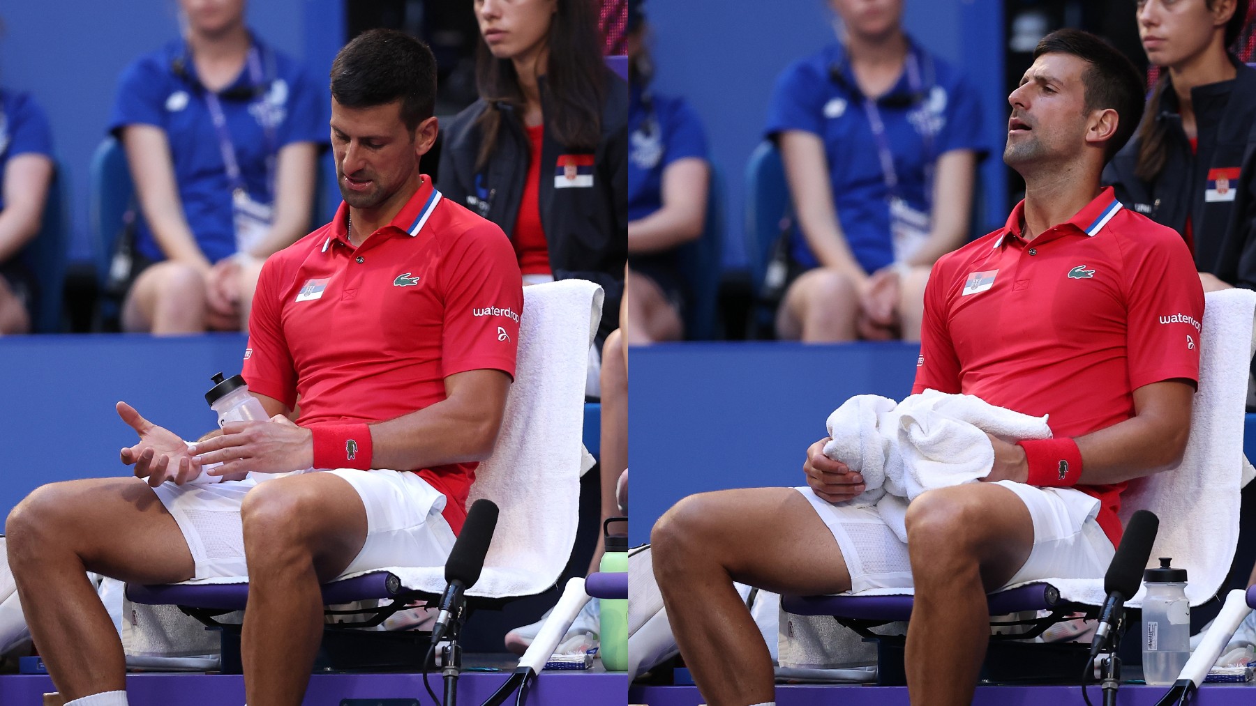 Novak Djokovic, tras ser atendido de su dolencia en la muñeca. (Getty)