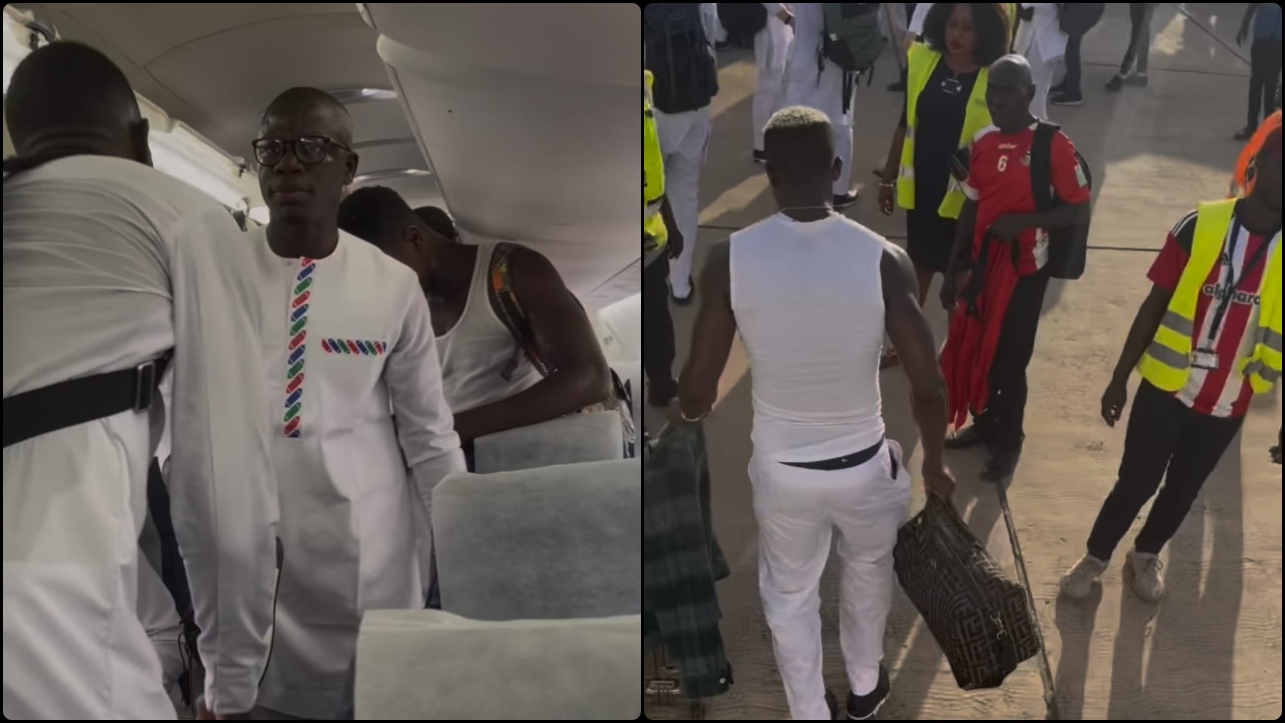 Los jugadores de Gambia tras el aterrizaje de emergencia de su avión.