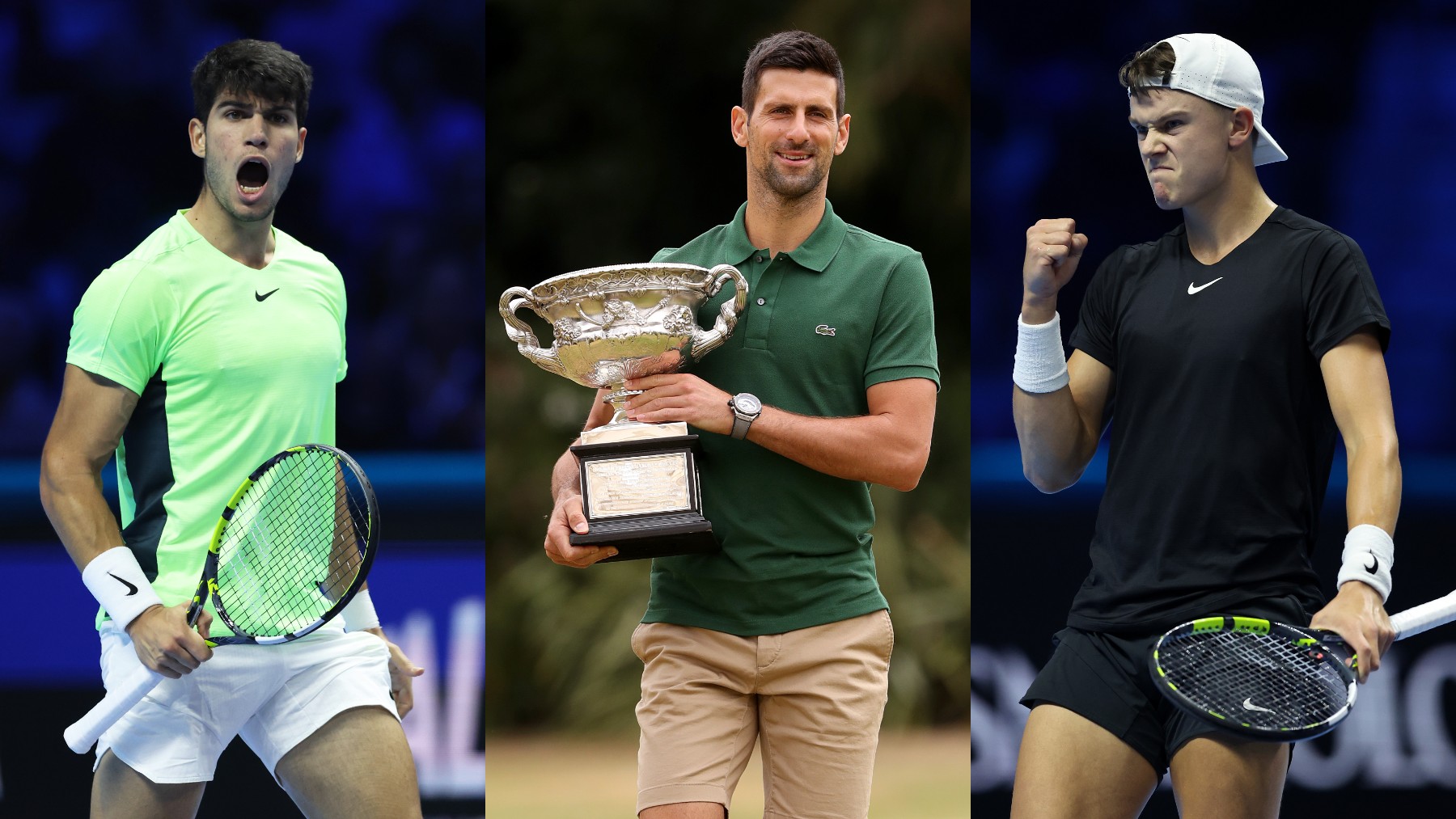 Carlos Alcaraz, Novak Djokovic y Holger Rune. (Getty)