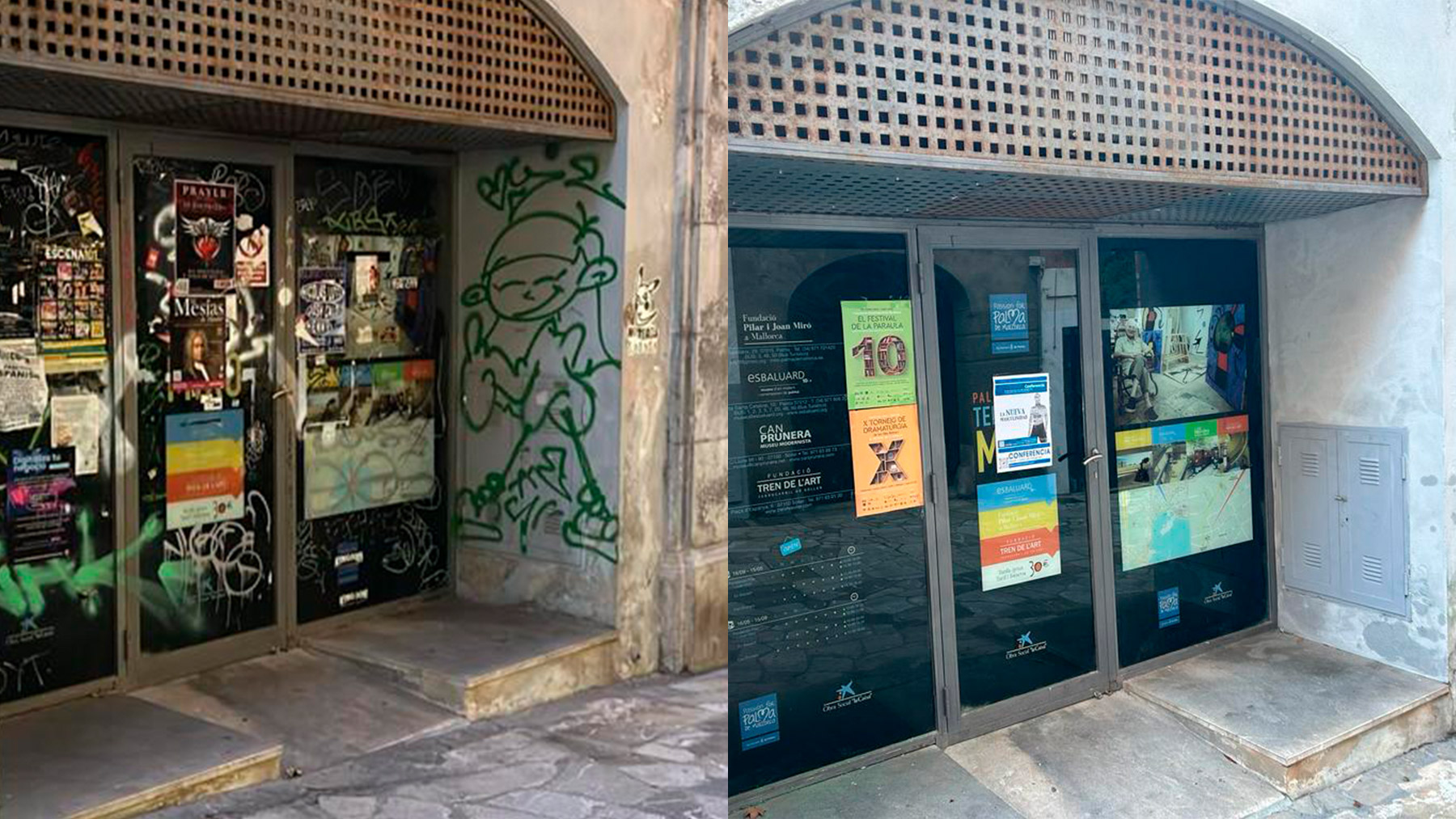El antes y el después de la limpieza de los grafitis de la Costa de Sant Domingo.