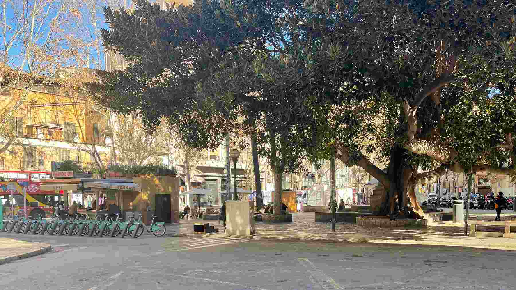 Imagen de la céntrica Plaza del Mercat de Palma con el popular bar Alaska a la izquierda.