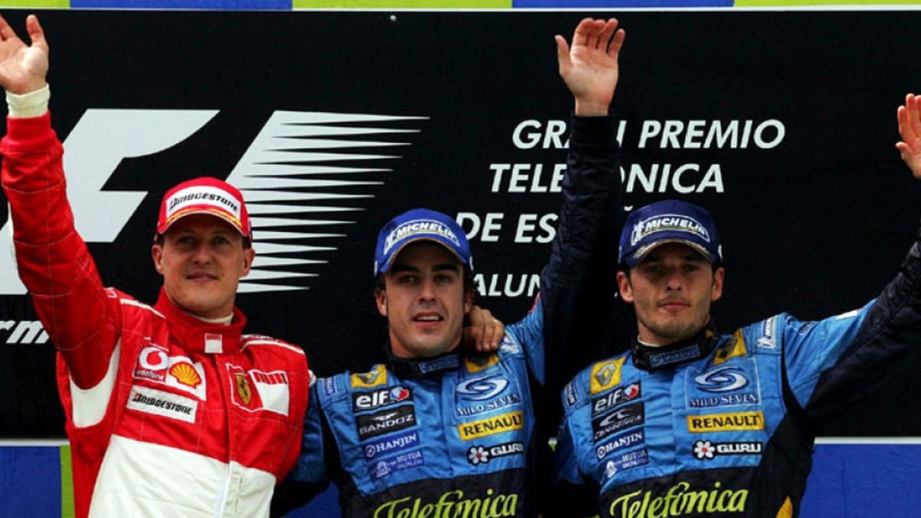 Schumacher, Alonso y Fisichella.