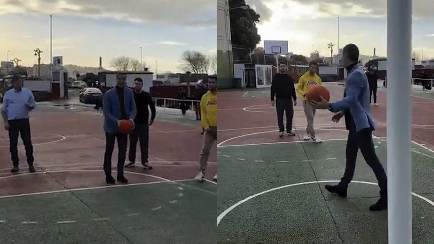 El presidente del Gobierno, Pedro Sánchez, jugando a baloncesto en La Coruña