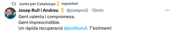 Josep Rull publica un tuit en apoyo a Jordi Turull tras sufrir un infarto.