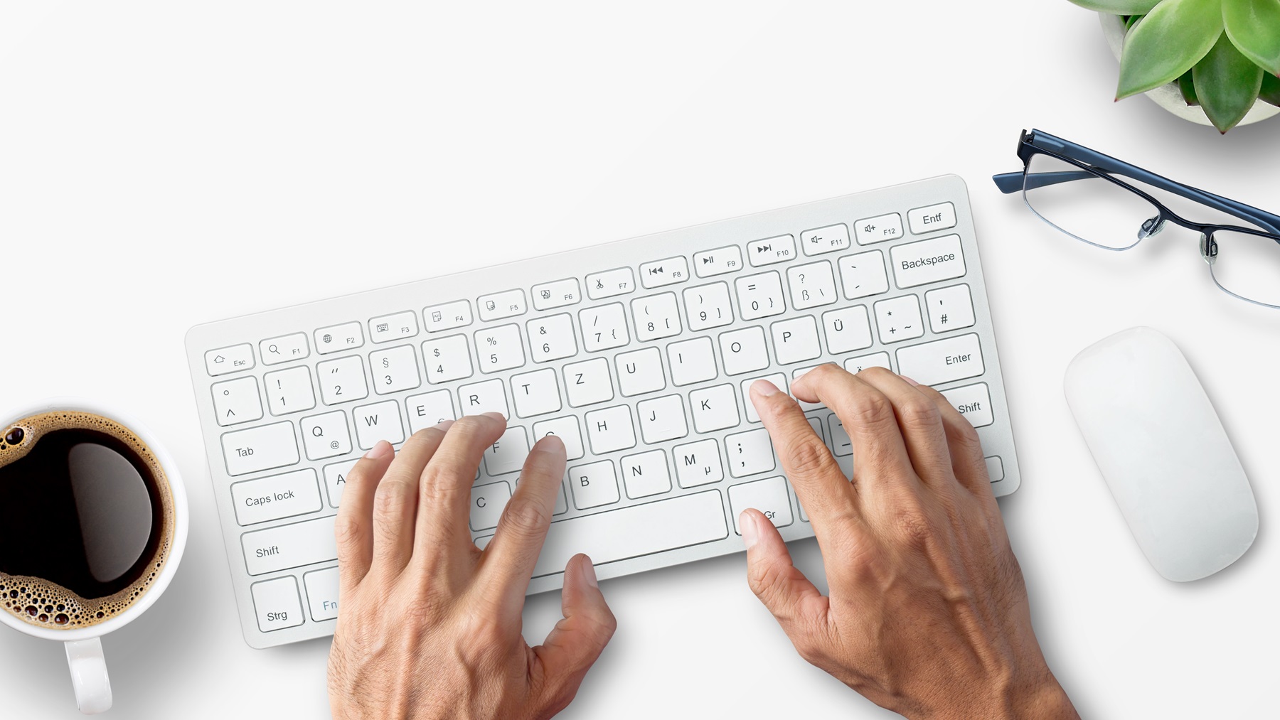 Hands,Typing,On,Computer,Keyboard,Over,White,Office,Desk,Table