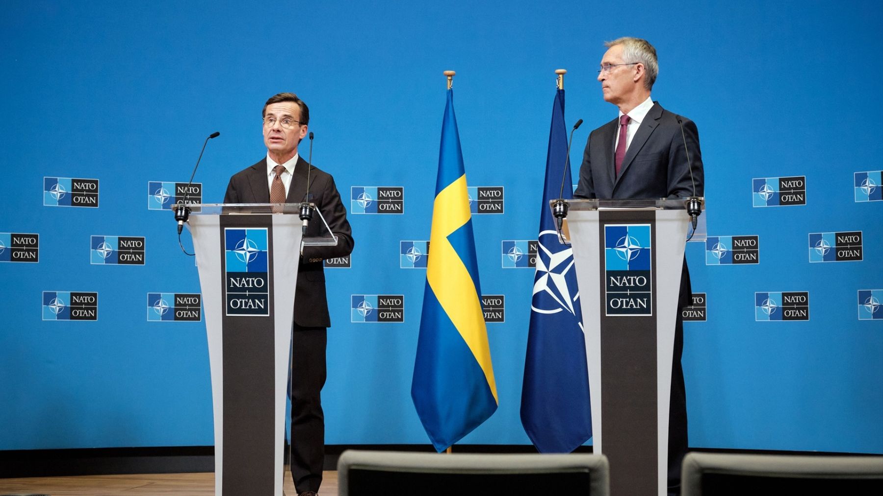 El primer ministro de Suecia, Ulf Kristersson, y el secretario general de la OTAN, Jens Stoltenberg (Foto: EP).