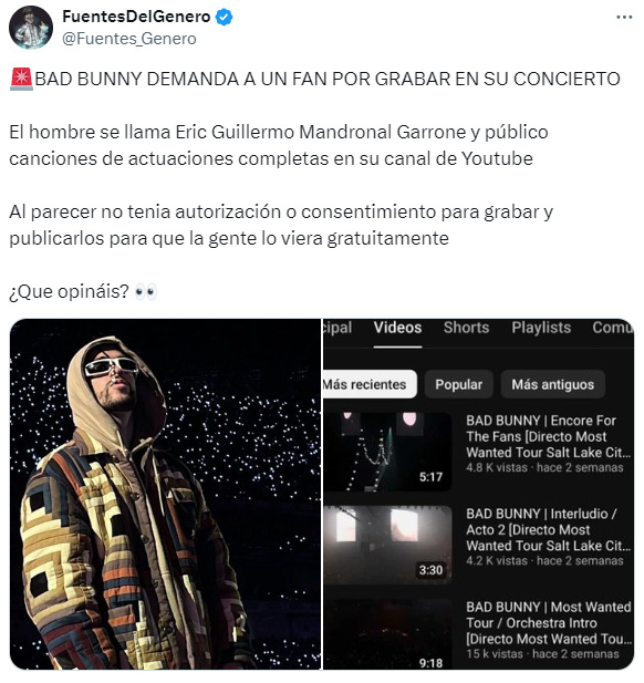 La cuenta 'Fuentes del Género' se hace eco de la demanda de Bad Bunny. (X)