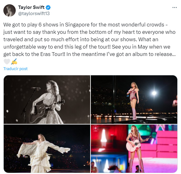 Taylor Swift se pronuncia sobre el concierto en Singapur. (X)