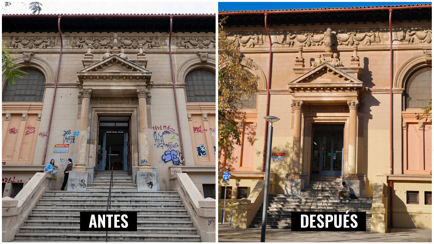 El antes y el después de la limpieza de las pintadas de la Plaza del Tubo.
