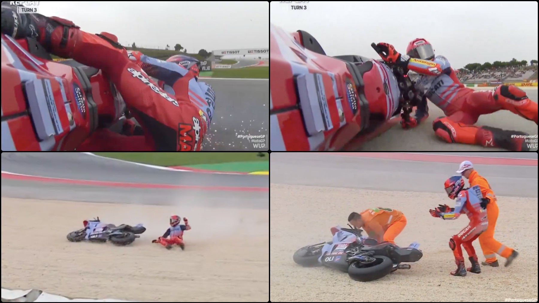 Caída de Marc Márquez en el Warm Up del GP de Portugal de MotoGP. (Capturas de pantalla)