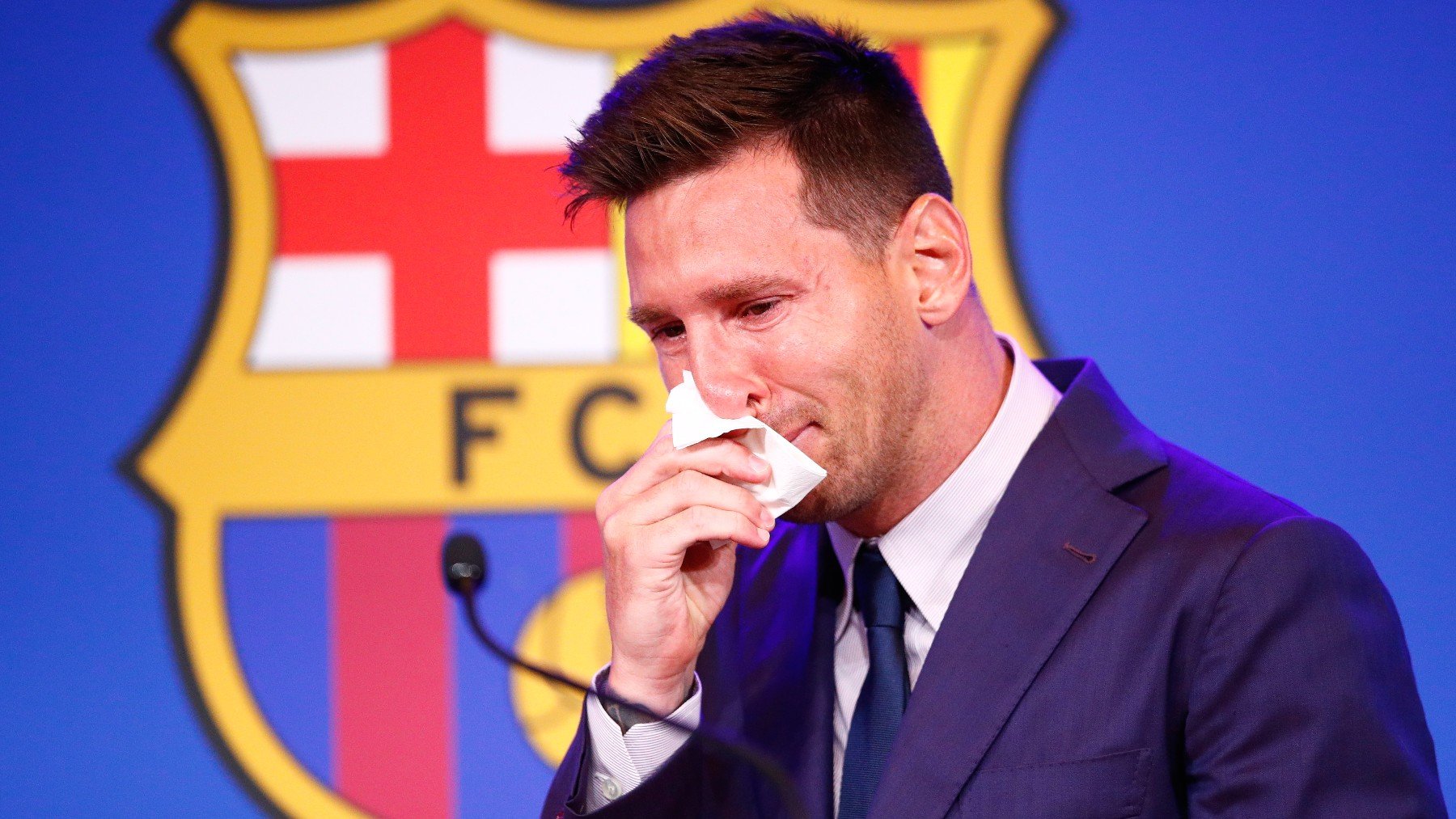 Leo Messi durante su despedida del Barcelona. (Getty)