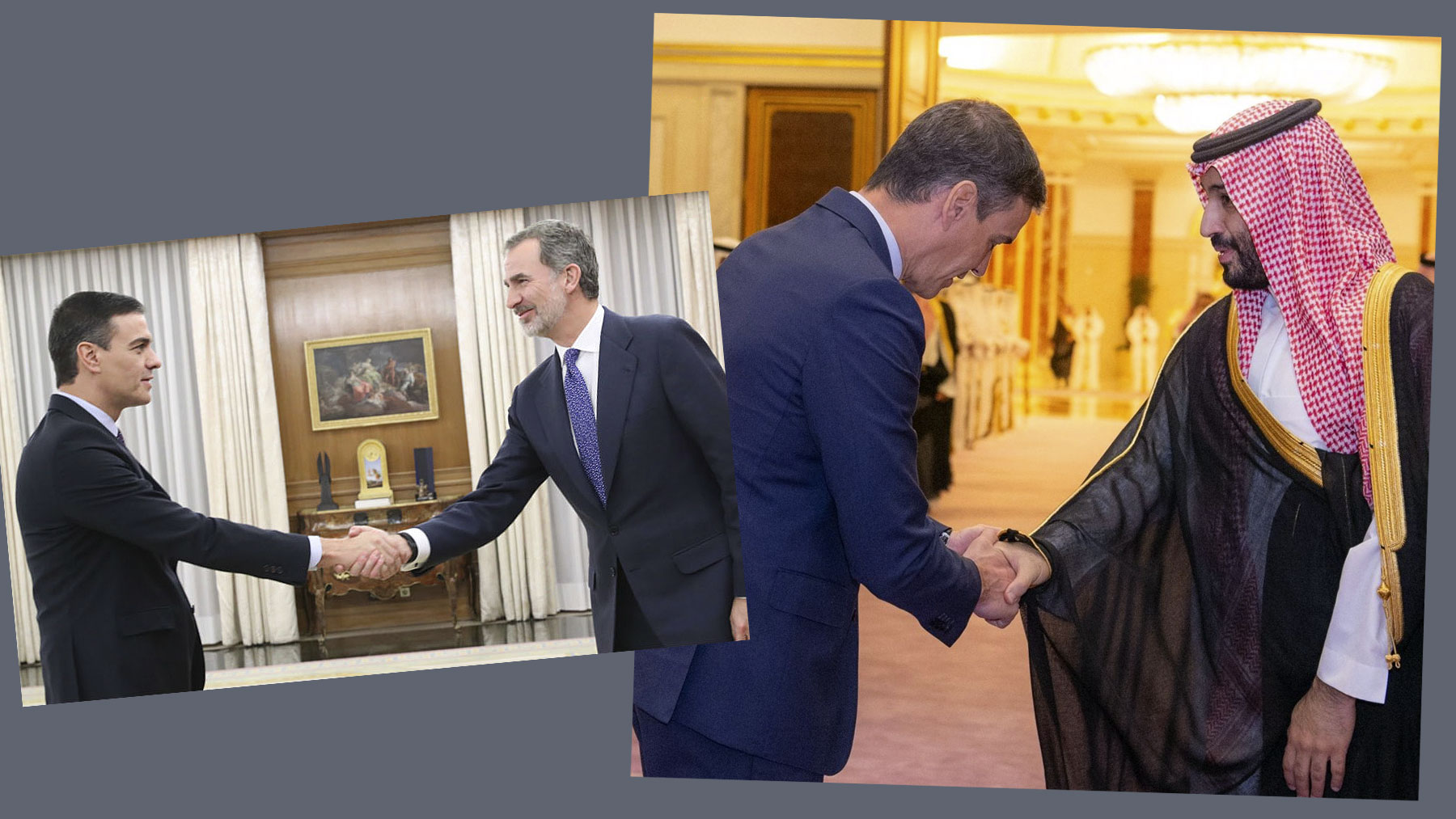 Sánchez saludando a Felipe VI y a bin Salman.