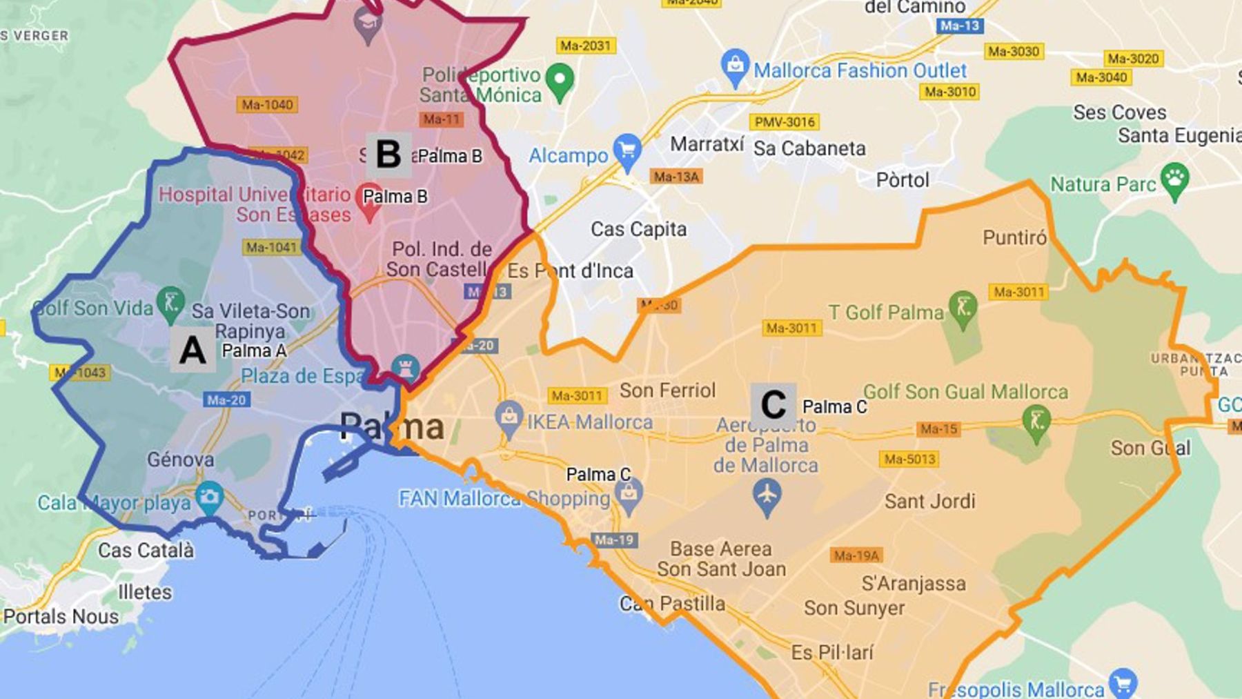 Mapa de las tres zonas de escolarización en Palma.